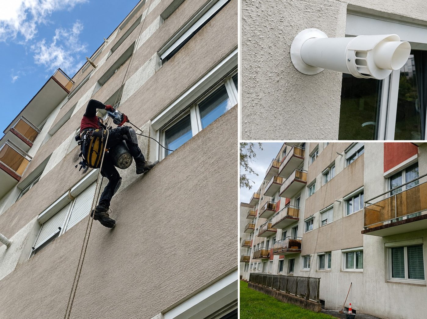 Travaux d'accès difficile sur cordes — façade d'immeuble