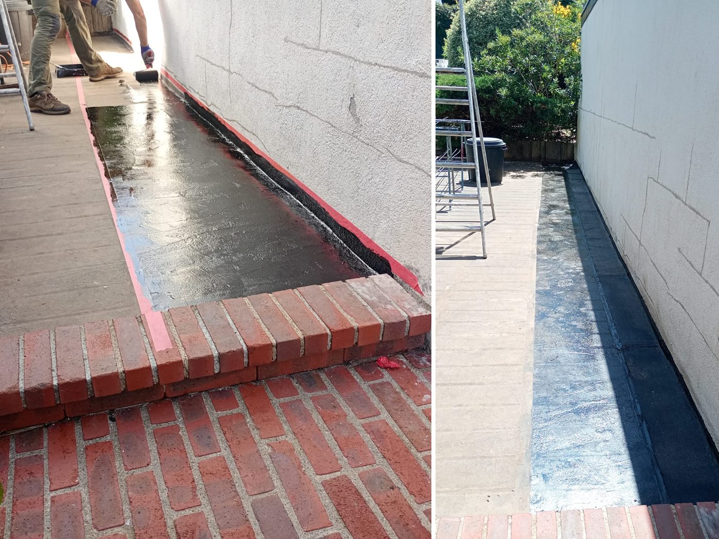 Étanchéité de terrasse — résine et relevé d'étanchéité en pied de mur